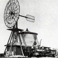 Halladayovo větrné kolo používané k čerpání vody na železnici Union Pacific Railroad [1868]